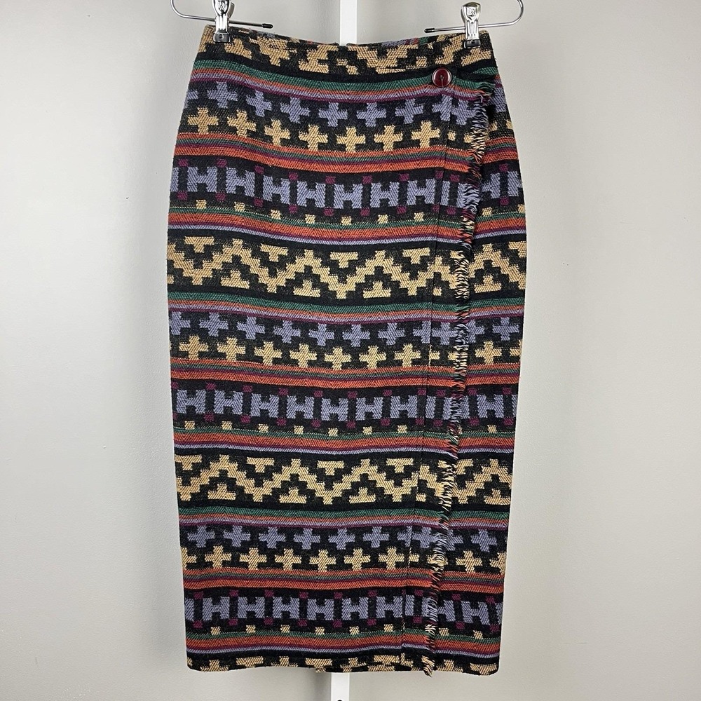 RTW Western Vintage Pencil Skirt Womens 6 Aztec Faux Wrap Wool Blend Fringe